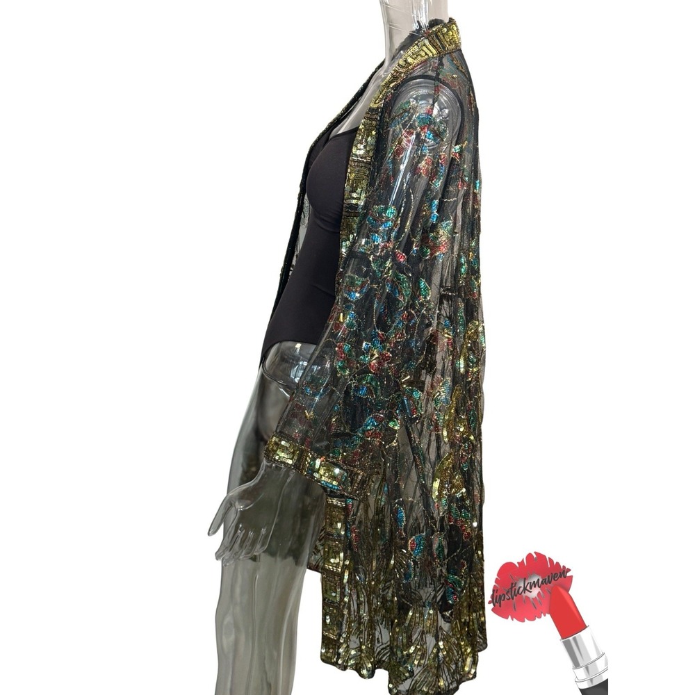 Vintage Ramana Duster Jacket One Size Black Floral Metallic Lame Kimono Cover Up - Picture 2 of 13